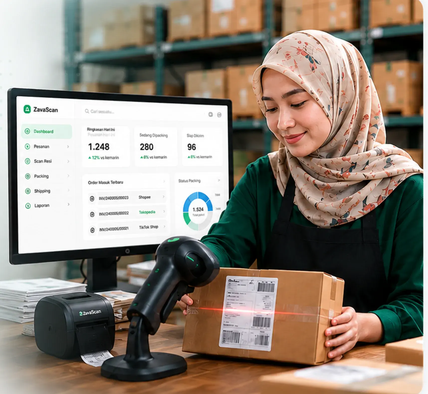 Seller memindai label paket dengan dashboard ZavaScan di monitor