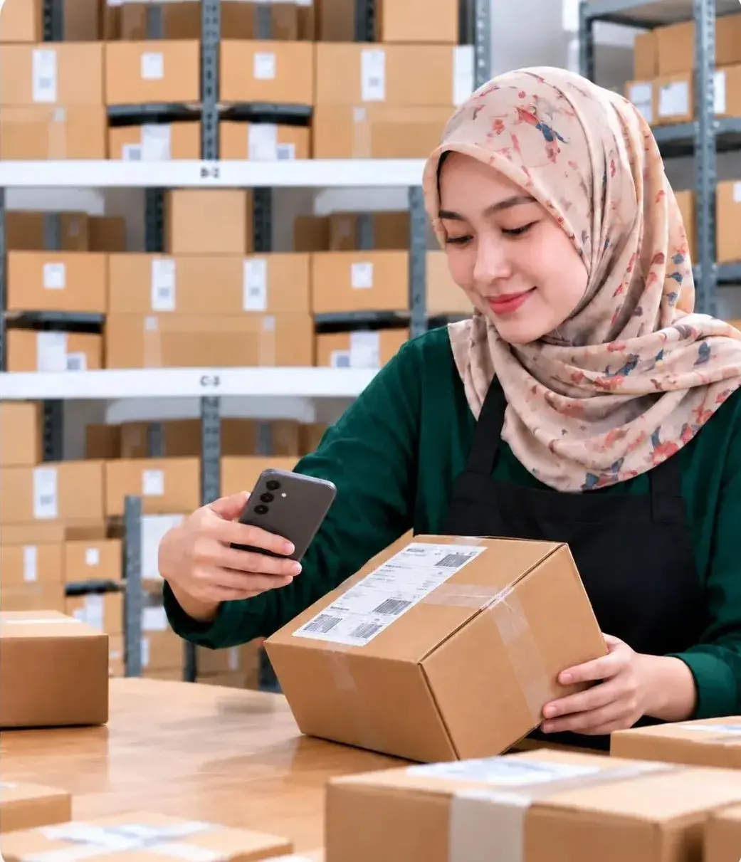 Foto: wanita berhijab men-scan label pengiriman pakai HP di gudang kecil