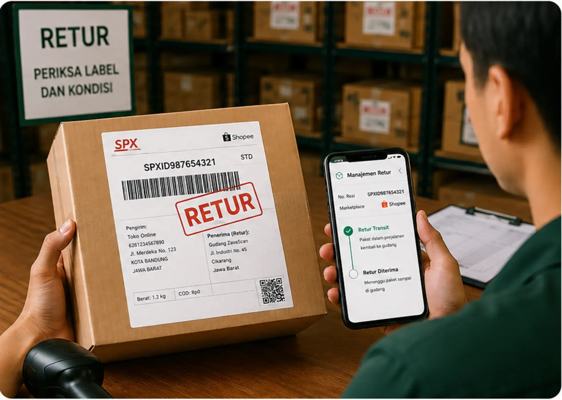 Seller memeriksa kardus retur berlabel RETUR sambil melihat status retur di aplikasi