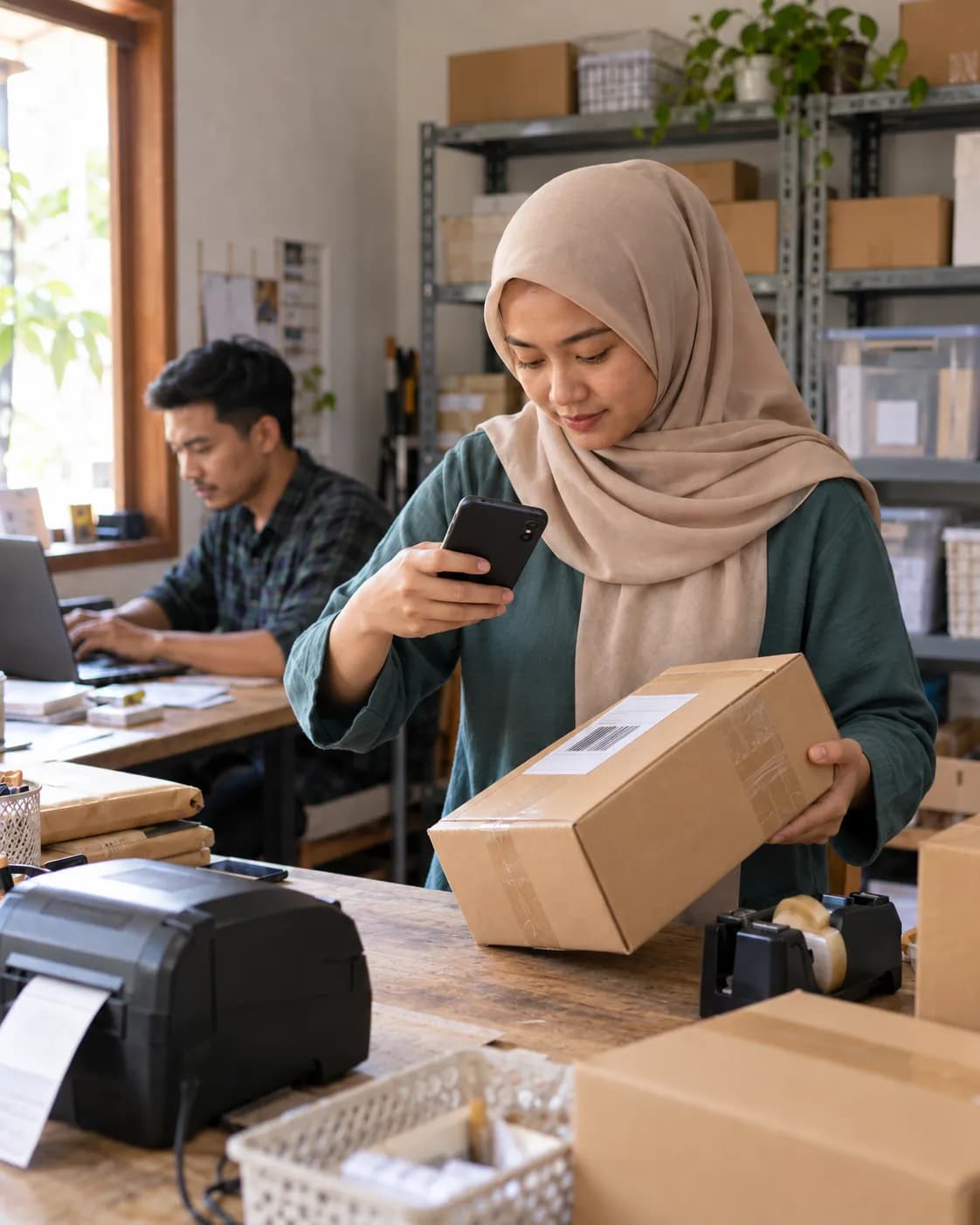 Ilustrasi seller memindai barcode resi pada kardus menggunakan kamera HP Android di ruang packing