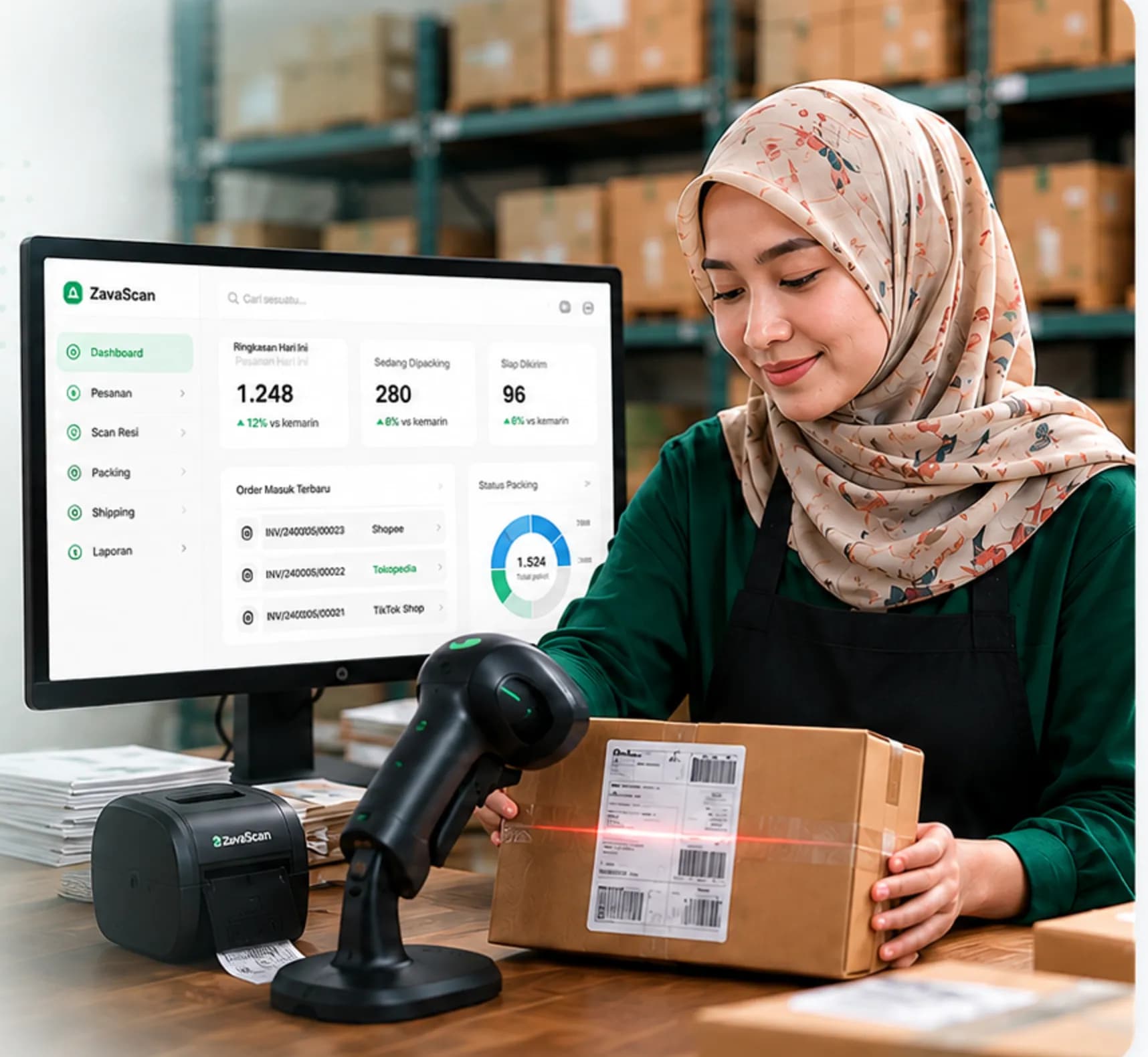 Seller memindai label paket dengan dashboard ZavaScan di monitor