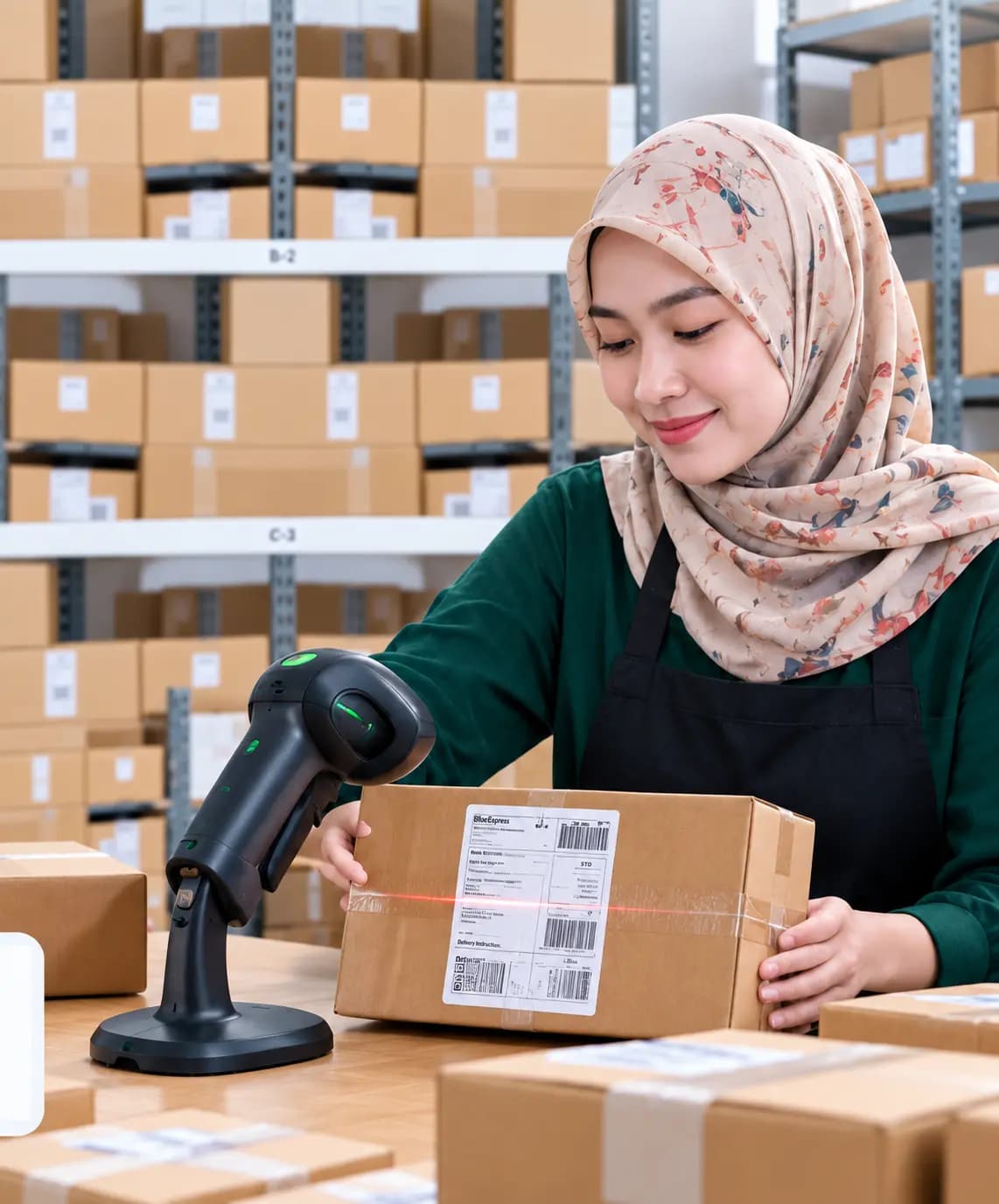 Foto: wanita berhijab men-scan label pengiriman di gudang kecil