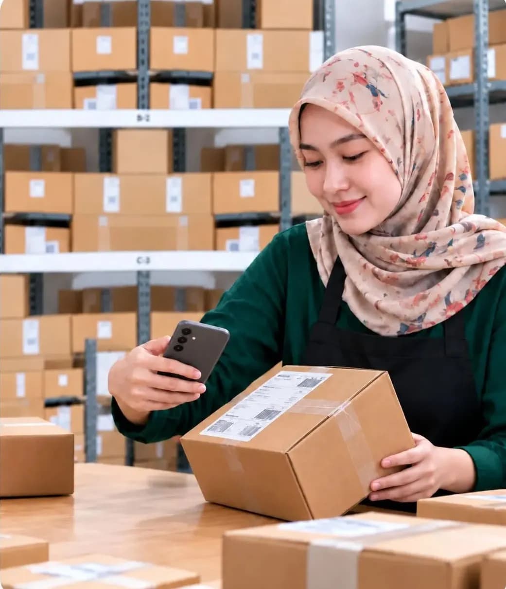 Foto: wanita berhijab men-scan label pengiriman pakai HP di gudang kecil