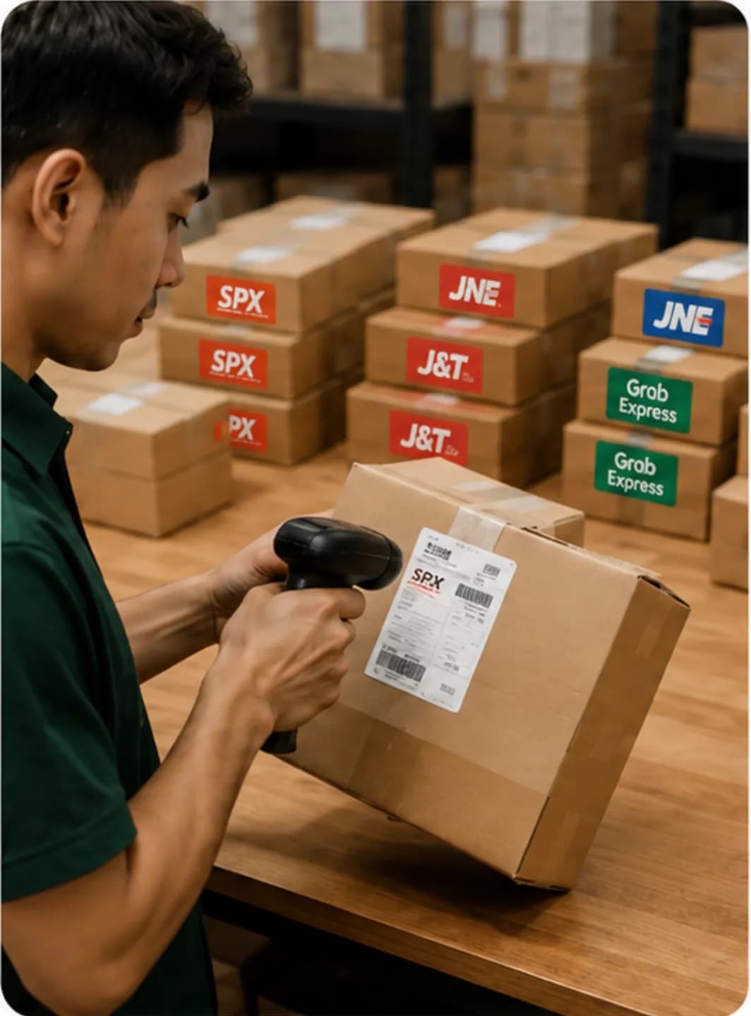 Seller memindai kardus di depan tumpukan paket per ekspedisi