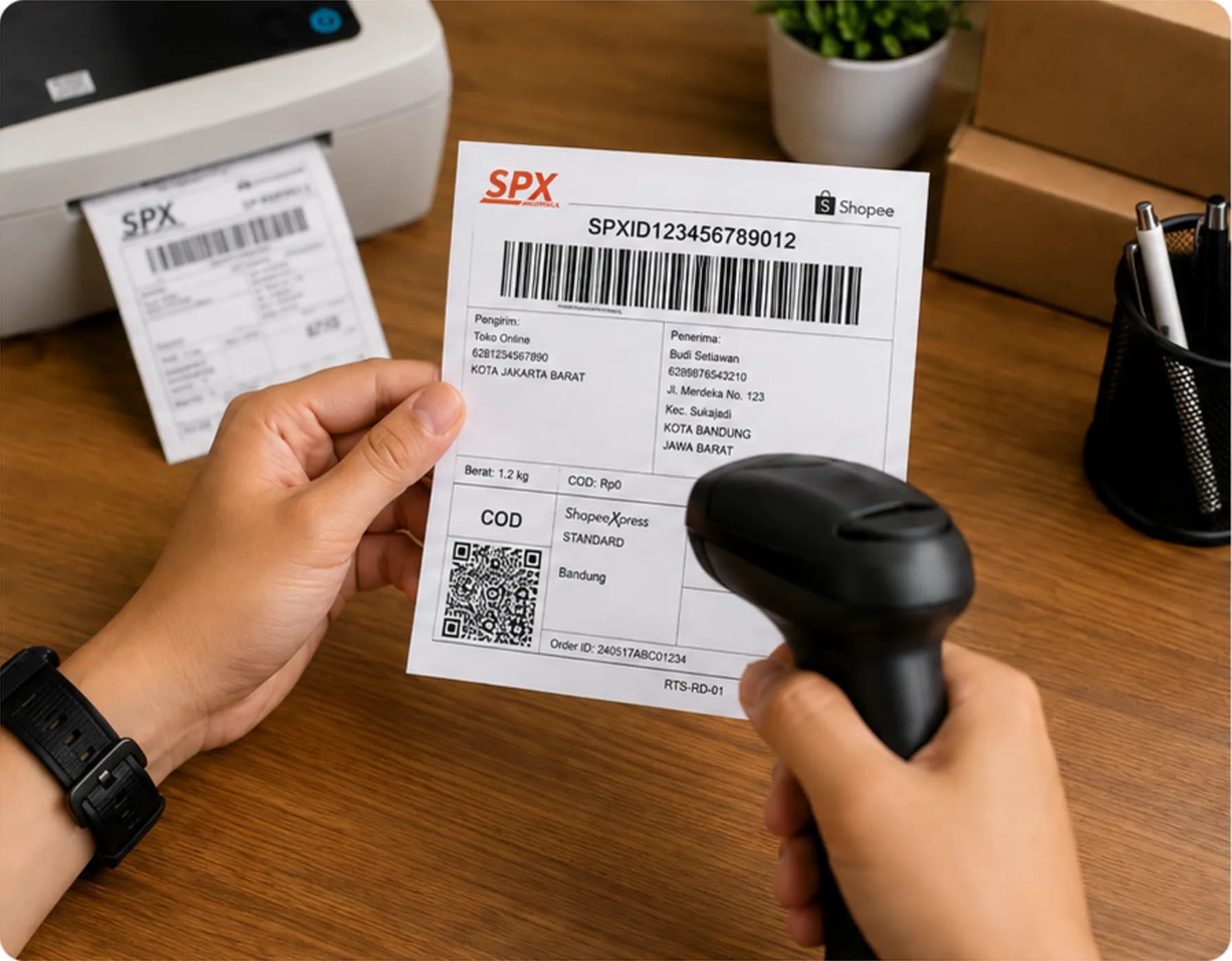 Tangan memegang label resi SPX dan barcode scanner di atas meja kayu