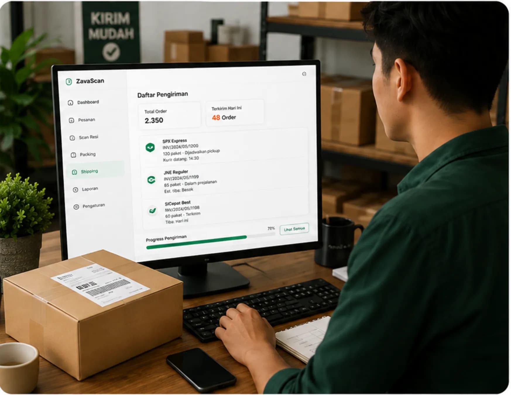 Seller memantau daftar pengiriman di dashboard ZavaScan